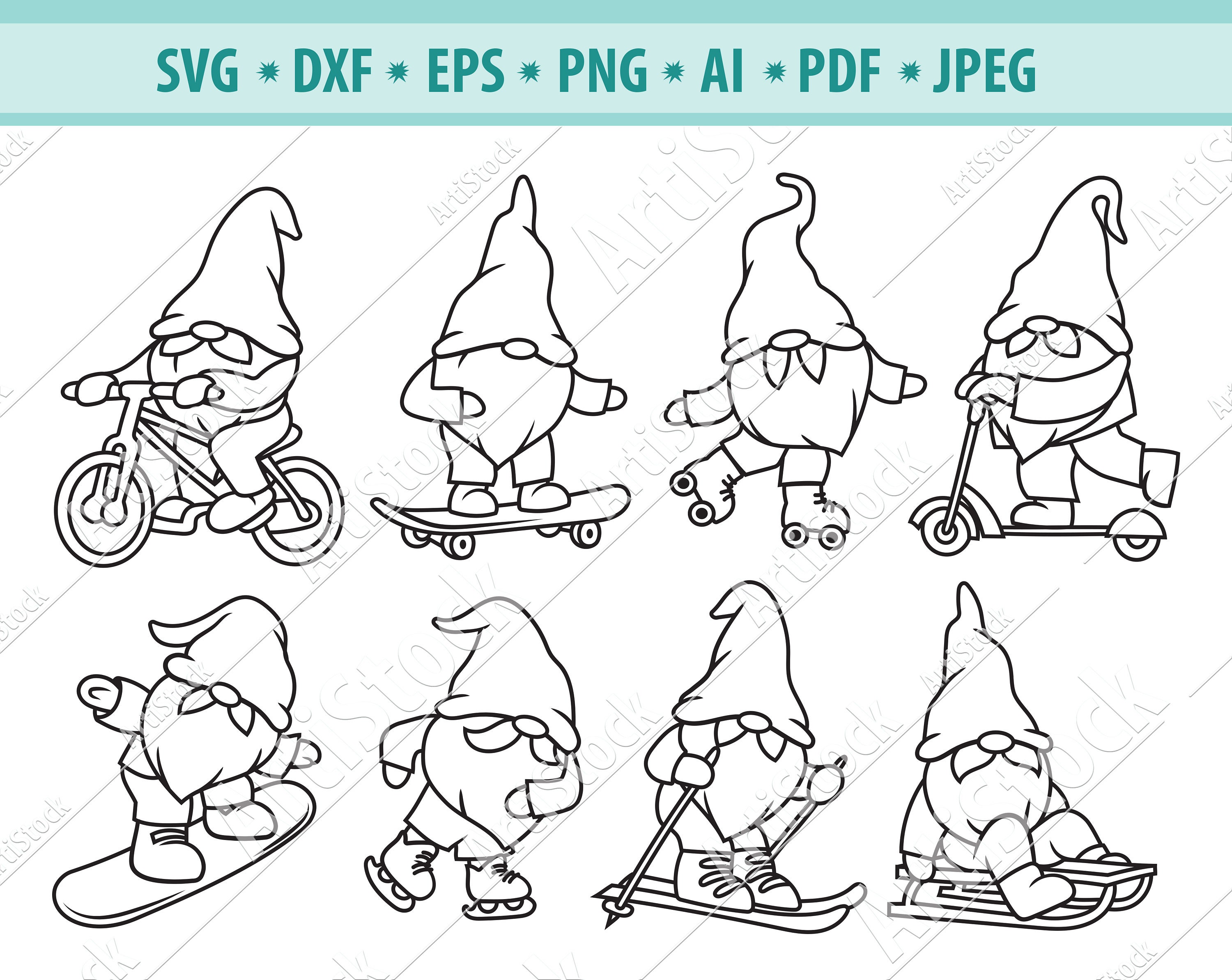 Gnome SVG, Garden Gnome SVG, Gnome Clipart, Hobby gnomes Svg, Gnome snowboarding Svg, Activity rest Svg, Gnome on bicycle svg, Dxf, Eps