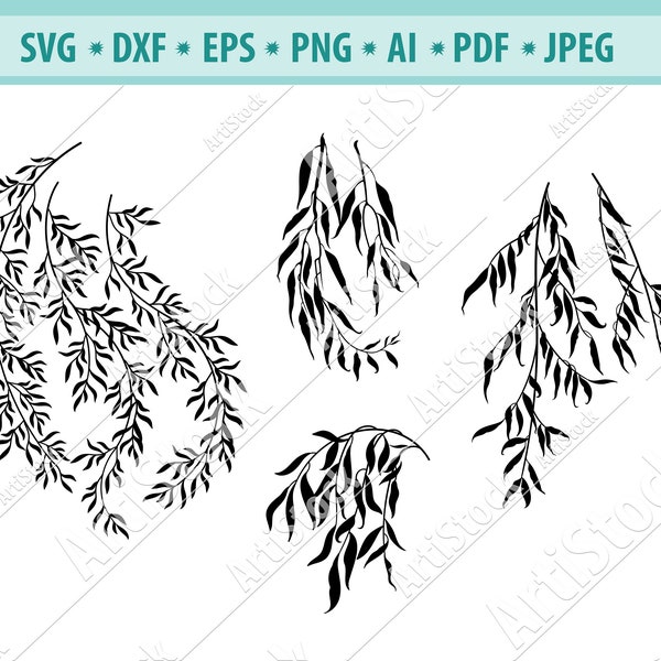 Willow Svg, Willow tree branch Svg, Tree branches Svg, Vine Svg, Willow clipart, Silhouette, Weeping willow Svg, Willow cut files, Eps, Dxf