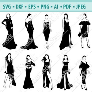 Kobieta SVG, Pani SVG, Sukienki modowe, Dziewczyna SVG, Suknia wieczorowa png, Vintage, Styl retro, sylwetka Cricut, SVG, Clipart Cięcie Pliki do cięcia