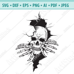 Peeking Skeleton Svg, Skeleton breaking through wall Svg, Skeleton head Clipart, Skull Coming Out Wall Svg, Skeleton Cut File, Dxf, Eps, Png