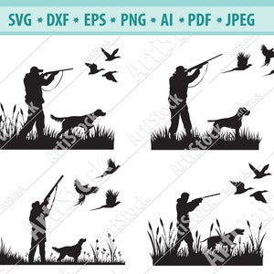 Chasse au faisan Svg, Chien de chasse Svg, Chasse Svg, Chasseur Svg, Chassez clipart, Saison de chasse Svg, Chasse au canard svg, Silhouette, Eps, Dxf