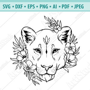雌ライオンの頭 SVG、ライオンの花 SVG、野生の猫 SVG、ライオンのシルエット、雌ライオンの顔 SVG、花柄の雌ライオン SVG、SVG カット ファイル、ライオンのクリップアート、Eps、Png