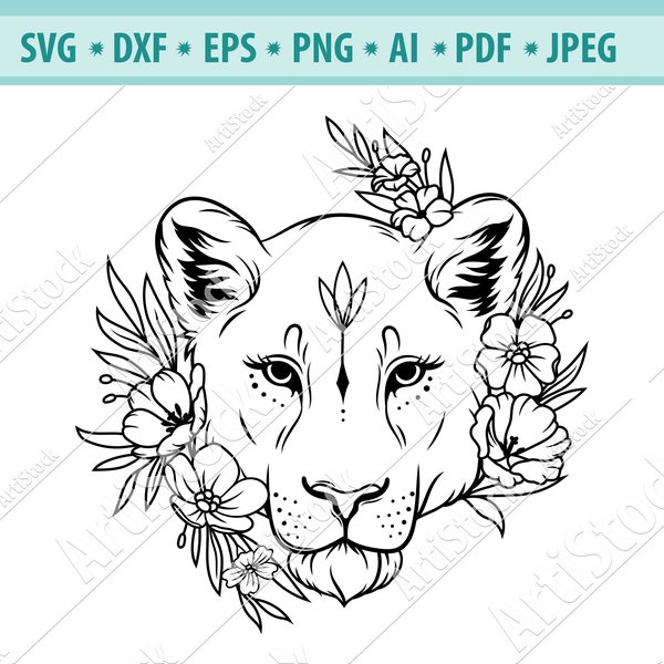 Lioness head SVG, Lion Flower Svg, Wild cat Svg, Lion silhouette, Lioness face Svg, Floral Lioness Svg, Svg cut file, Lion clipart, Eps, Png