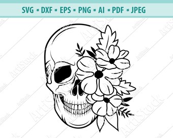 Skull Svg File, Flower Skull svg, Skull cut file, Sugar Skull Svg, Gothic svg, Floral Skull clipart, Skull Head Svg, Vector, dxf, eps, png