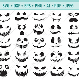 Visage d’Halloween Svg Bundle, Scary Face Svg, Visage de citrouille Svg, Clipart d’Halloween, Boo Svg, Bouche effrayante svg, Dents de monstre svg, Silhouette, Eps