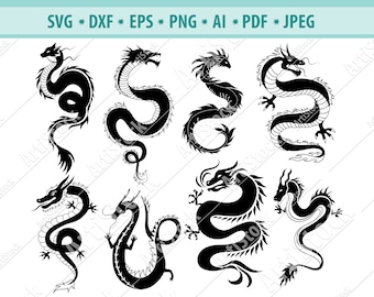 Dragon SVG, Fantasy Dragon SVG, Oriental Svg, Asian dragon Svg, Dragon Clipart, Files for Cricut, Silhouette, Ancient animals  Dxf, Png Eps