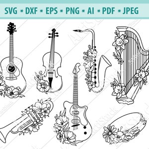 Muziekinstrumenten Svg, Flower muziekinstrument Svg, Snaarinstrument Svg, Floral Guitar Svg, Flower Svg, File for cricut, Eps, Dxf