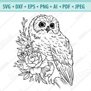 Eule SVG Datei, Eule mit Blume SVG, Eule Schnittdatei, Nachtvögel Svg, Floral Tier Svg, Eule auf Ast Svg, Süße Vögel Svg, Eps, Png, Cricut