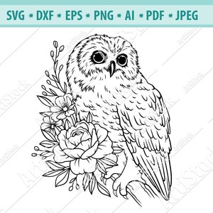 Owl SVG file, Owl with Flower SVG, Owl cut file, Night birds Svg, Floral animal Svg, Owl on branch Svg, Cute birds Svg, Eps, Png, Cricut