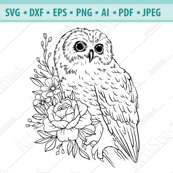 Owl SVG file, Owl with Flower SVG, Owl cut file, Night birds Svg, Floral animal Svg, Owl on branch Svg, Cute birds Svg, Eps, Png, Cricut