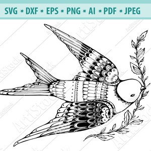 Hirondelle zentangle SVG, hirondelle mandala SVG, vol d’oiseau d’Hirondelle SVG, tatouage oiseau, Dxf, fichier Png, Swallow illustrations, tshirt, Cricut, couper des fichiers