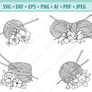 Floral Garn Ball Svg, stricken Wolle SVG, Garn geschnitten Datei, Blume Svg, Garn Faden SVG, stricken Nadeln Svg, stricken Clipart, Silhouette, Eps