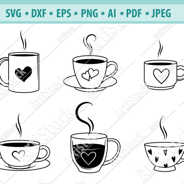 Coffee cups SVG File, Coffee SVG, Coffee Love svg, Coffee Cup with heart svg, Coffee mug Svg, Files for Silhouette, Cricut, eps, png, dxf