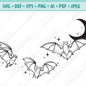 Bat SVG, Bat with star SVG, Magic Bat Svg, Halloween Bat SVG, Crescent moon Svg, Bat Cut Files, Files for Cricut, Bat Vector Svg, Dxf, Png