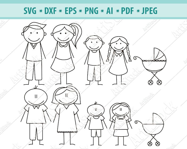 Download Clip Art Eps Vector Dxf Stick Family Svg Bundle Png Cut Files For Cricut Silhouette Stick Family Clipart Stick Figures Stick Family Cut Files Art Collectibles