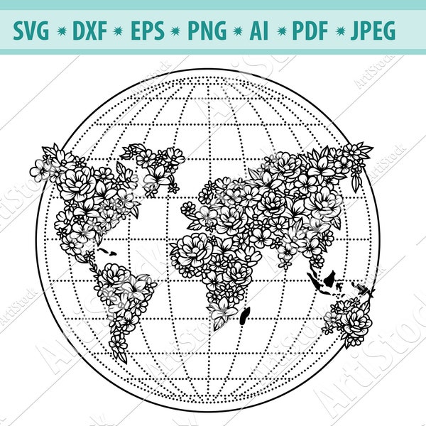 Flower earth globe Svg, Floral Globe SVG, Travel SVG, Flower earth Svg, Adventure Svg, Globe SVG file, Map svg, Globe cut file, Eps, Dxf