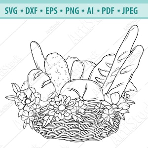 Cesta de pan de flores svg, panadería svg, pan svg, pastelería floral svg, muffin svg, bollos de flores svg, clipart de panadería, pan baguette svg, eps, dxf