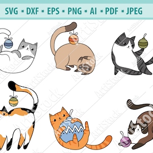 Christmas cats Svg, Funny playful cats Svg, Kitten with xmas toys svg, Cat Cut files, Meowy Christmas Svg, Holiday Kitten Svg, Vector, Eps