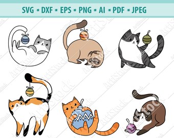 Christmas cats Svg, Funny playful cats Svg, Kitten with xmas toys svg, Cat Cut files, Meowy Christmas Svg, Holiday Kitten Svg, Vector, Eps