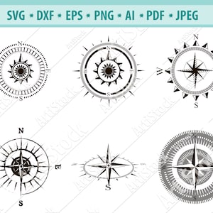 Könnte beinhalten: Sechs schwarz-weiße Kompassdesigns in verschiedenen Stilen. Die Kompasse haben einen Stern in der Mitte und die Buchstaben N, S, E und W außen herum.