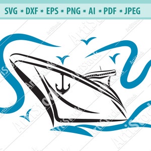 Puede incluir: Una silueta en blanco y negro de un crucero navegando sobre olas azules. El barco tiene un ancla en la proa y pájaros volando por encima.