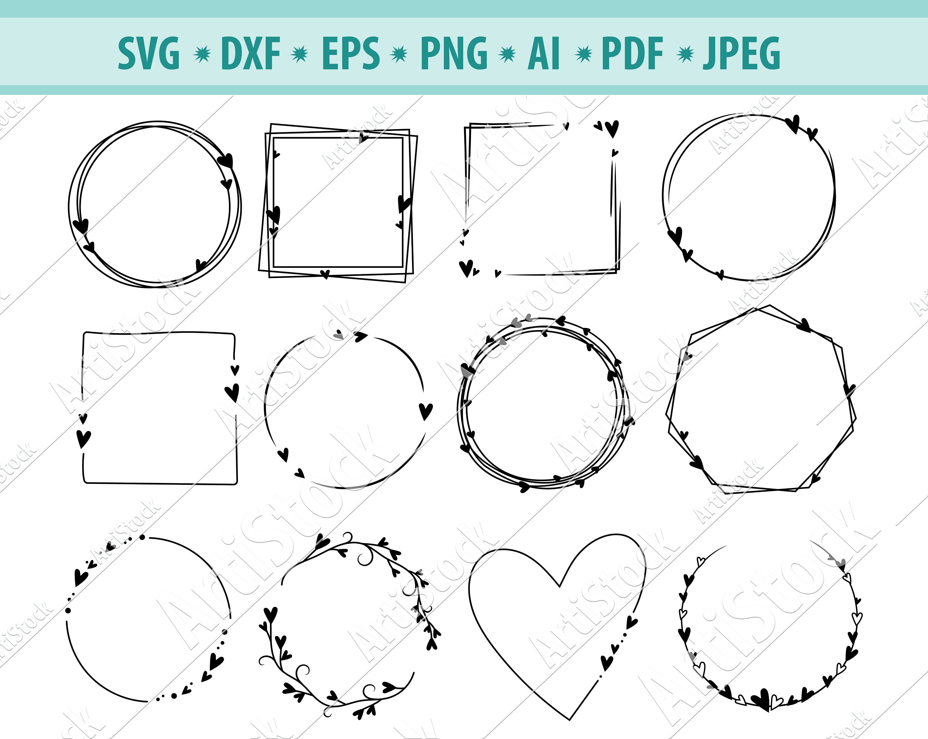 ハートフレーム SVG、バレンタインフレーム SVG、ラブリース SVG、ロマンティックサークルフレーム SVG、ウェディングボーダー SVG、バレンタインボーダー SVG、SVG カットファイル