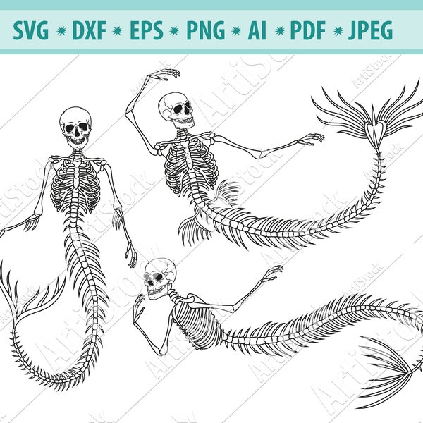 Skeleton mermaid Svg, Gothic Mermaid Svg, Sea Monster Svg, Mystic creature Svg, Mermaid skeleton tail Svg, Vector, Eps, Mermaid cut files