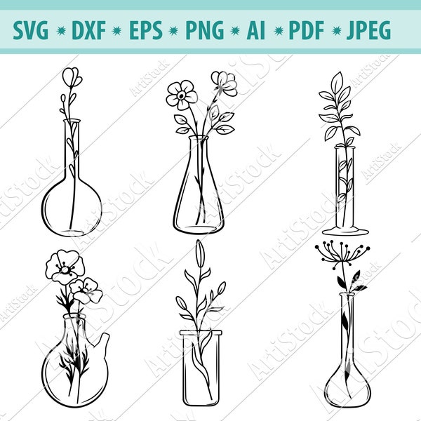 Chemistry floral vial Svg, Science Svg, Flower Beaker Svg, Chemical Flasks with flower Svg, Flasks clipart, Flowers vase Svg, Eps, Dxf, Png