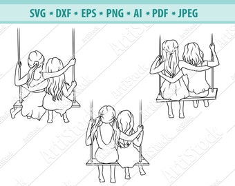 Best friends Svg, Girls on swing Svg, Besties Svg, Best girlfriends Svg, Friends forever Svg, Bff clipart, Female friendship Png, Dxf, Eps