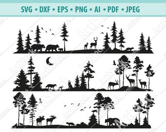 Woodland Scene Svg, Animal in forest Svg, Spruce forest Svg, Nature Svg, Forest clipart, Moose Svg, Deer family Svg, Bear Svg, Eps, Dxf, Png