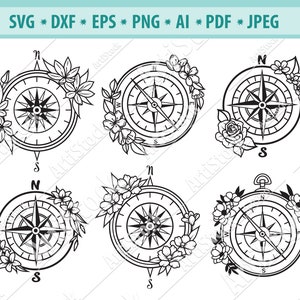 May include: A collection of six black and white compass designs, each encircled by floral elements. The compasses feature directional indicators and are suitable for various creative projects. The image also includes file format options: SVG, DXF, EPS, PNG, AI, PDF, and JPEG.