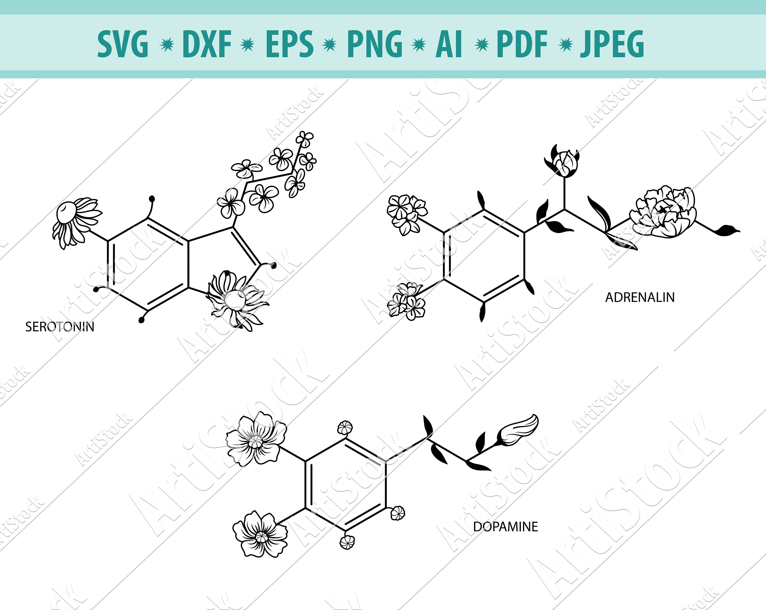 Chemical structure Svg Floral Serotonin Svg Flower Dopamine Etsy