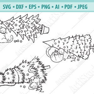 Christmas cats Svg, Cat garland Svg, Xmas Cat clipart, Christmas tree Svg, Meowy Christmas Svg, Holiday Kitten Svg, Silhouette cat, Eps, Dxf