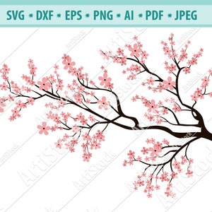 Rama del árbol con flores, flores de cerezo SVG, Sakura cricut, flores rosas, Japón svg, primavera flor de cerezo y rama SVG archivo de corte, clipart