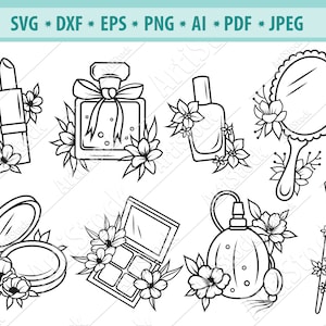 Maquillaje de flores Svg, Herramientas de maquillaje Svg, Perfume floral Svg, Lápiz labial svg, Maquillador svg, Clipart de maquillaje, Glamour svg, Archivo de corte Svg, Eps