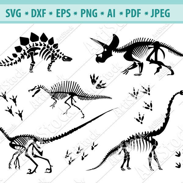 Dinosaur skeleton svg, Dinosaur bone svg, Bone SVG, Dinosaur silhouettes templates, Dinosaur footprints Png, Jurassic park svg, cricut file