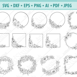 Arquivo SVG de moldura de flor, borda de flor SVG, moldura floral Svg, círculo de natureza Svg, quadrado Svg, flores de casamento Svg, guirlanda Svg, vetor Eps, Dxf