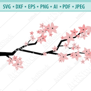 Rama del árbol con flores, flores de cerezo SVG, Sakura cricut, flores rosas, Japón svg, primavera flor de cerezo y rama SVG archivo de corte, clipart