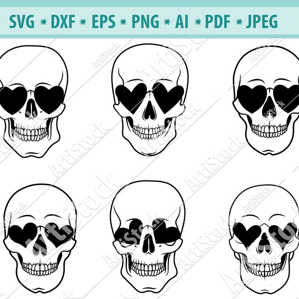 Skull head Svg, Valentine Skull Svg, Skull With Heart Eyes Svg, Skulls clipart, Valentine svg, Skull cut file, Heart Silhouette, Epa, Dxf