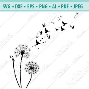 Paardebloem met vogels SVG digitaal gesneden bestand, paardebloem bloem svg, EPS. PNG Instant digitale clipart vector Cricut knippen snijden download bestand