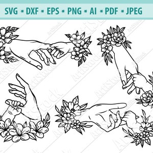 花の母と子の手 SVG、家族の手 SVG、母の日 SVG、母親 SVG、子供の手 SVG、花の手を繋ぐ SVG、Eps、Dxf、Png