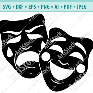 Commedia tragedia svg, Commedia svg, silhouette tragedia, maschera teatrale cricut file, Clipart maschera, download digitale, disegni, vettore, svg