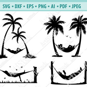 Hängematte Svg, Menschen in Hängematte Svg, Vacantion Svg, Palme Svg, Strand Svg, Hängematten Svg, Hängematte Clipart, Svg Cricut Datei, Png, Eps
