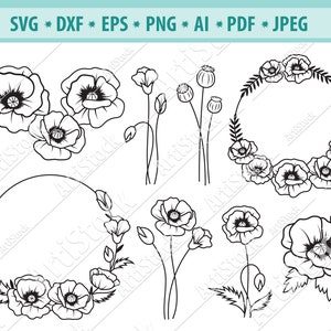 Fleur de pavot SVG, Bouquet de fleurs svg, Fichiers de coupe de pavot, Plantes des champs Svg, Couronne de pavot Svg, Fleur sauvage Svg, Svg botanique, Cricut, Eps, Dxf