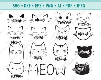 Cat Face Svg, Meow Svg, Kitty Cat Svg, Cat Mustache Svg, Cute Kitten Face Svg, Cat Portrait Svg, Cat lovers Svg, Funny Vector Png, Eps, Dxf