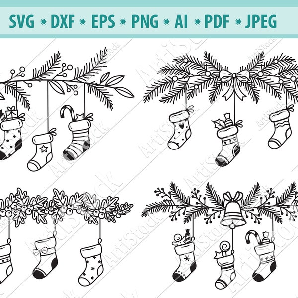 Christmas Socks Svg, Christmas tree Svg, Christmas ornament stockings Svg, Santa Gift Svg, Hanging socks Svg, Pine branch Svg, Svg cut file