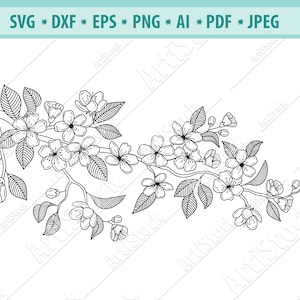 Ramo albero con fiori Svg, fiori di ciliegio SVG, cricut Sakura, fiori rosa, Giappone svg, Spring Cherry Svg, Branch Png, file di taglio SVG, Eps