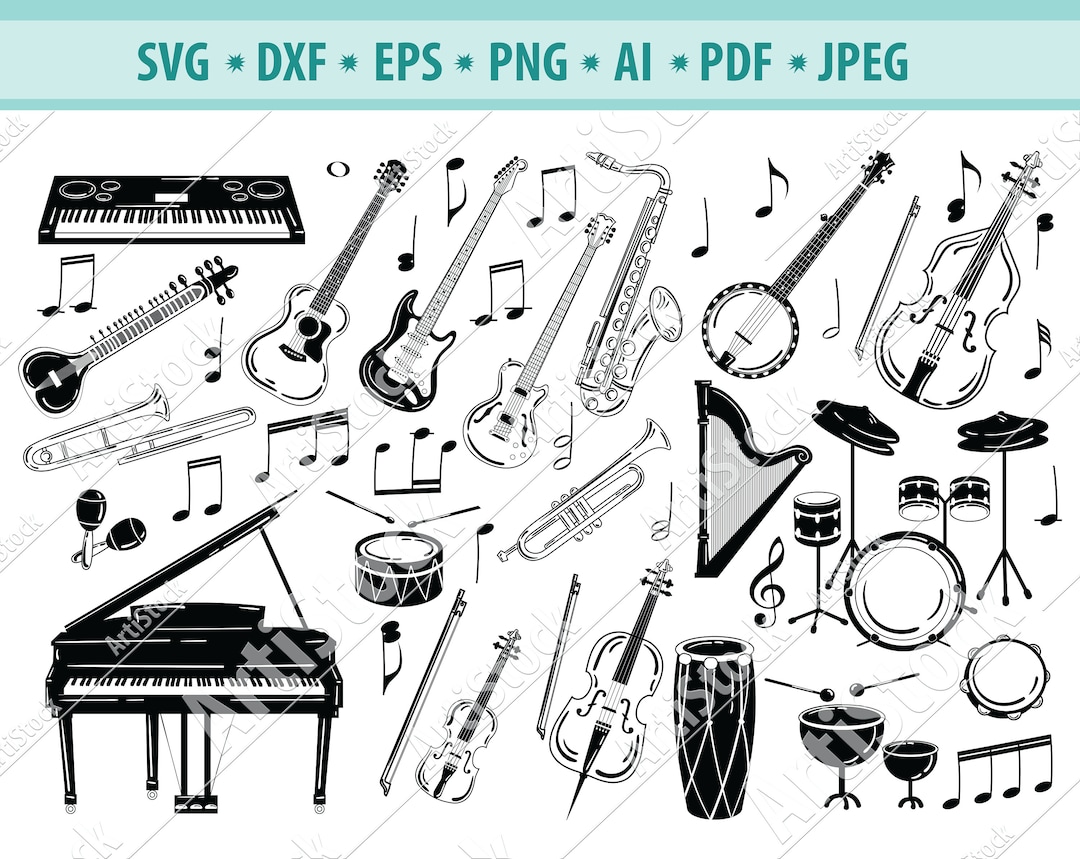 Musical Instruments Svg File Drums Piano Guitar Saxo Digital Download ...