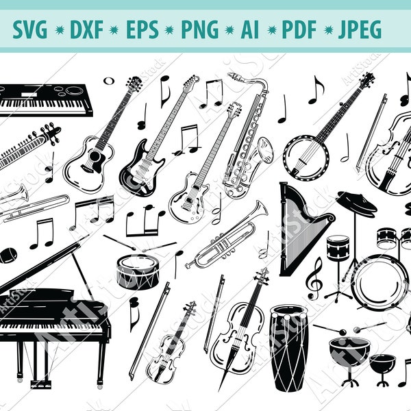 Instruments de musique fichier svg Batterie Piano Guitare Saxo numérique télécharger silhouette vector décalcomanie pour cricut clipart bundle vinyle signe eps dxf