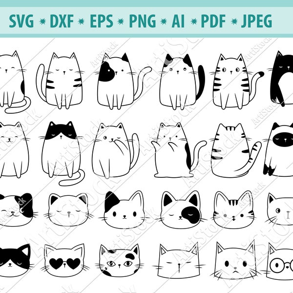 Mignons chats SVG bundle, Drôle de chat svg, Chat stylisé Svg, Chatons Svg, Visages de chat Svg, Chat clipart, Meow Svg, Portrait chats Png, Eps, Png, Dxf